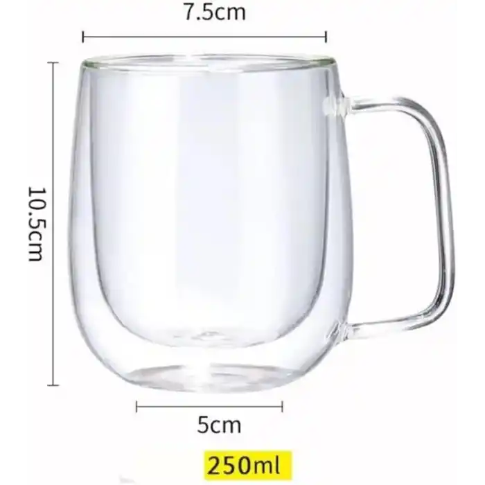 Orret Home 2 Adet 250 ml Çift Cidarlı Borosilikat Cam Kupa Bardak Termisil Isıya Dayanıklı Şeffaf Kahve Çay Latte Espresso Fincanı Cam Bardak Seti