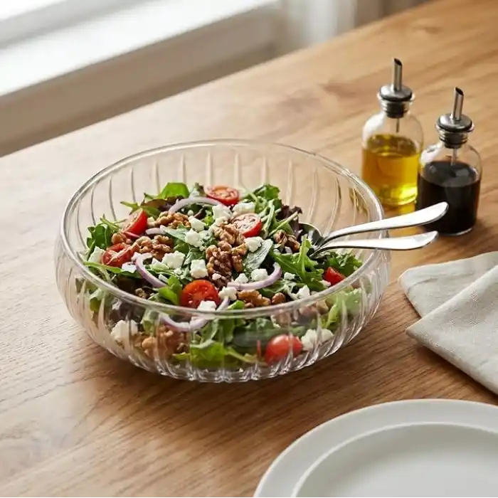 Deconox El Yapımı Üfleme Borosilikat Cam Linea Sunum Çanağı - Şeffaf Dekoratif Salata, Meyve ve Çerez Kasesi (20x6 cm)