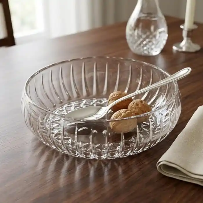 Deconox El Yapımı Üfleme Borosilikat Cam Linea Sunum Çanağı - Şeffaf Dekoratif Salata, Meyve ve Çerez Kasesi (20x6 cm)