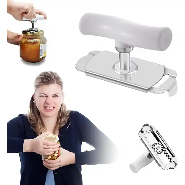 Kanji Pratik Kavanoz ve Şişe Kapak Açacağı - Beyaz – Paslanmaz Çelik, Ayarlanabilir, Ergonomik Tutma Saplı
