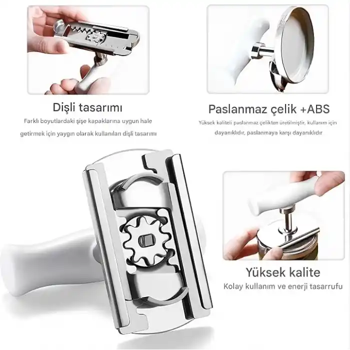 Kanji Pratik Kavanoz ve Şişe Kapak Açacağı - Beyaz – Paslanmaz Çelik, Ayarlanabilir, Ergonomik Tutma Saplı