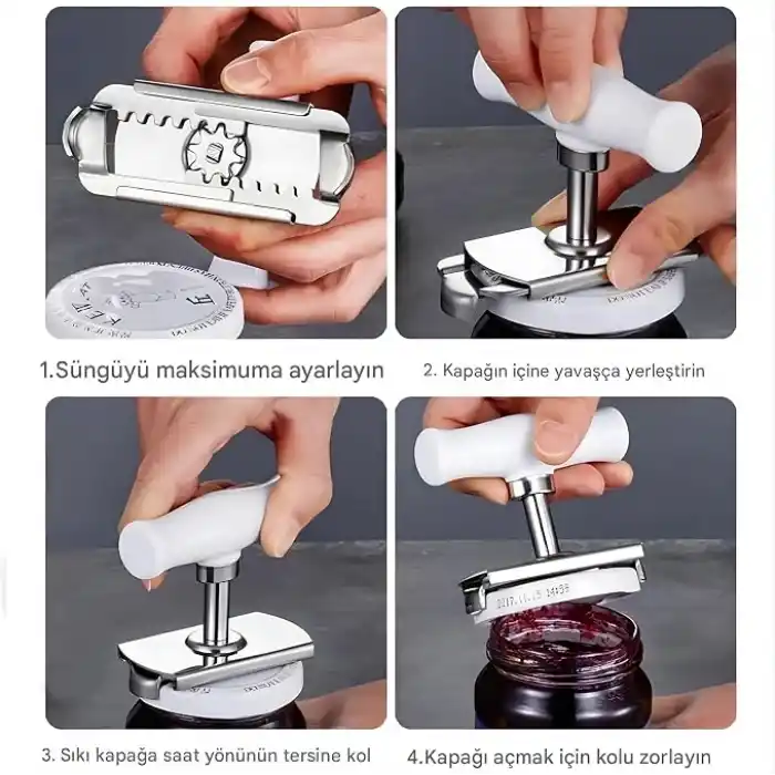 Kanji Pratik Kavanoz ve Şişe Kapak Açacağı - Beyaz – Paslanmaz Çelik, Ayarlanabilir, Ergonomik Tutma Saplı