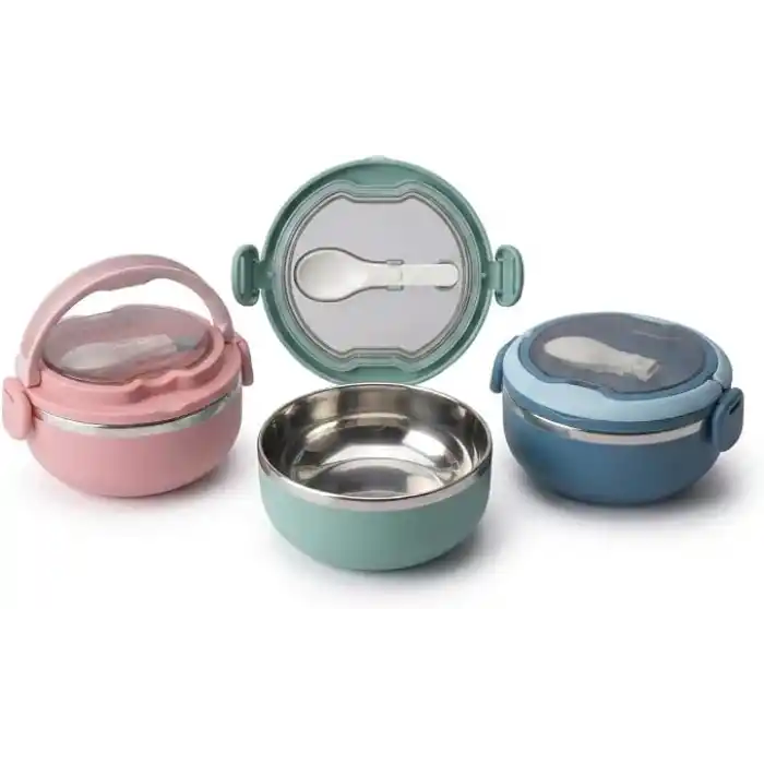 Deconox 700 ml Paslanmaz Çelik Yemek Kabı, Kaşıklı, Saplı ve Kilitli Yuvarlak Lunch Box, Mavi Yeşil Pembe Renk Seçenekli, 12x11x13cm Kapaklı Saklama ve Taşıma Kabı