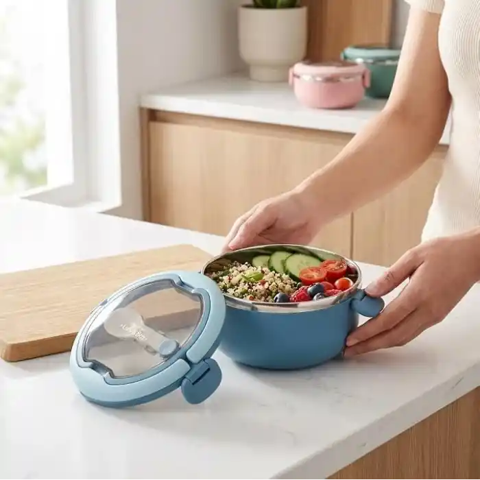 Deconox 700 ml Paslanmaz Çelik Yemek Kabı, Kaşıklı, Saplı ve Kilitli Yuvarlak Lunch Box, Mavi Yeşil Pembe Renk Seçenekli, 12x11x13cm Kapaklı Saklama ve Taşıma Kabı