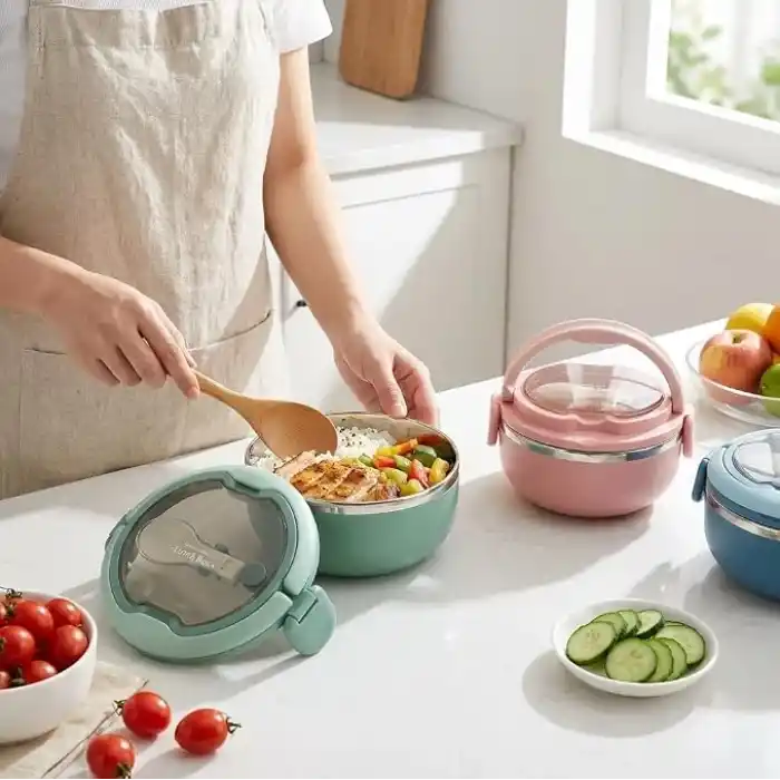 Deconox 700 ml Paslanmaz Çelik Yemek Kabı, Kaşıklı, Saplı ve Kilitli Yuvarlak Lunch Box, Mavi Yeşil Pembe Renk Seçenekli, 12x11x13cm Kapaklı Saklama ve Taşıma Kabı