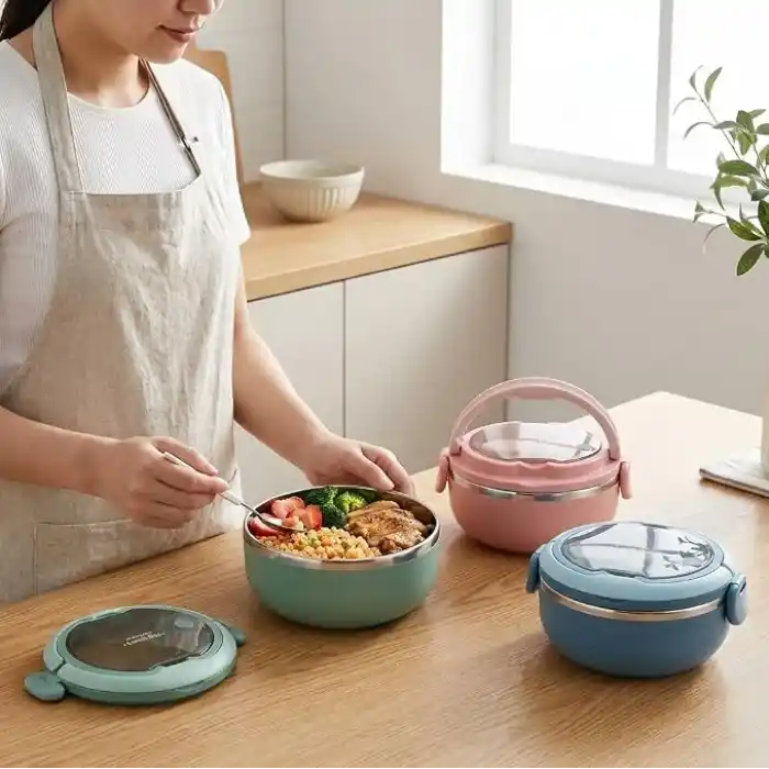 Deconox 700 ml Paslanmaz Çelik Yemek Kabı, Kaşıklı, Saplı ve Kilitli Yuvarlak Lunch Box, Mavi Yeşil Pembe Renk Seçenekli, 12x11x13cm Kapaklı Saklama ve Taşıma Kabı