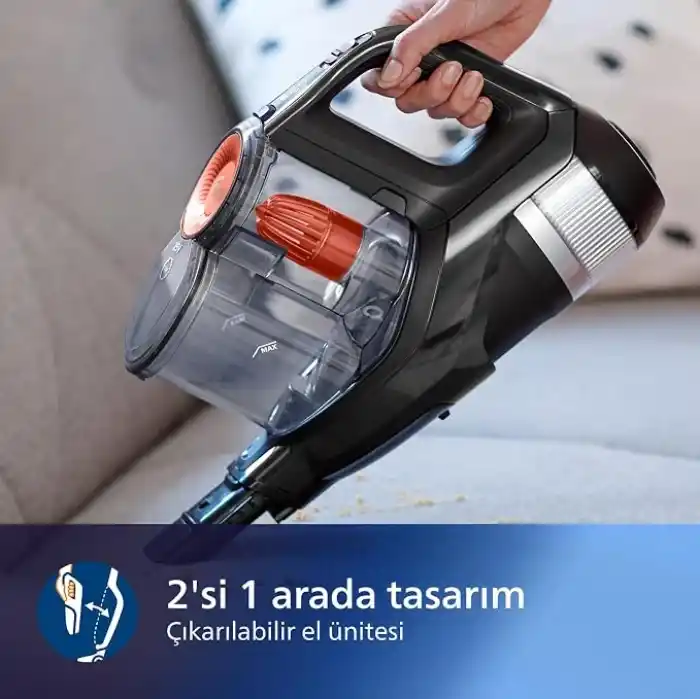Philips SpeedPro Max Kablosuz Dik Süpürge, 2si 1 arada: Dikey& El Süpürgesi, 360 derece emiş başlığı, 65 dakika çalışma süresi, PowerCyclone 8, Koyu Siyah (XC7040/01)