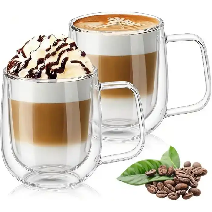 Vicloon Çift Duvar Cam Kupa, Isı Yalıtımlı Bardak Bardak, Saplı 250 ml, Çay Su Bardakları, Kahve, Süt, Cappuccino, Espresso, Şeffaf Bira, 2li Set