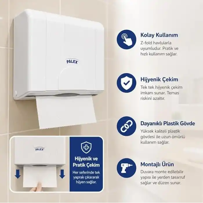 Alper Banyo Z-Fold Kağıt Havlu Dispenseri, Beyaz Plastik Duvara Monte Z Katlı Kağıt Havlu Aparatı, Banyo Ofis WC ve Ortak Kullanım Alanları İçin Hijyenik Kağıt Havluluk 25 x 21 x 10 cm
