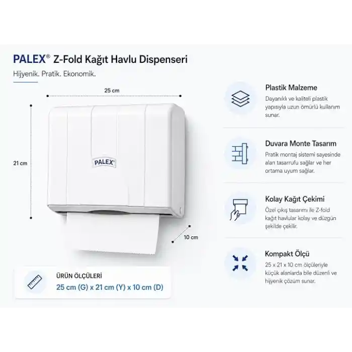 Alper Banyo Z-Fold Kağıt Havlu Dispenseri, Beyaz Plastik Duvara Monte Z Katlı Kağıt Havlu Aparatı, Banyo Ofis WC ve Ortak Kullanım Alanları İçin Hijyenik Kağıt Havluluk 25 x 21 x 10 cm