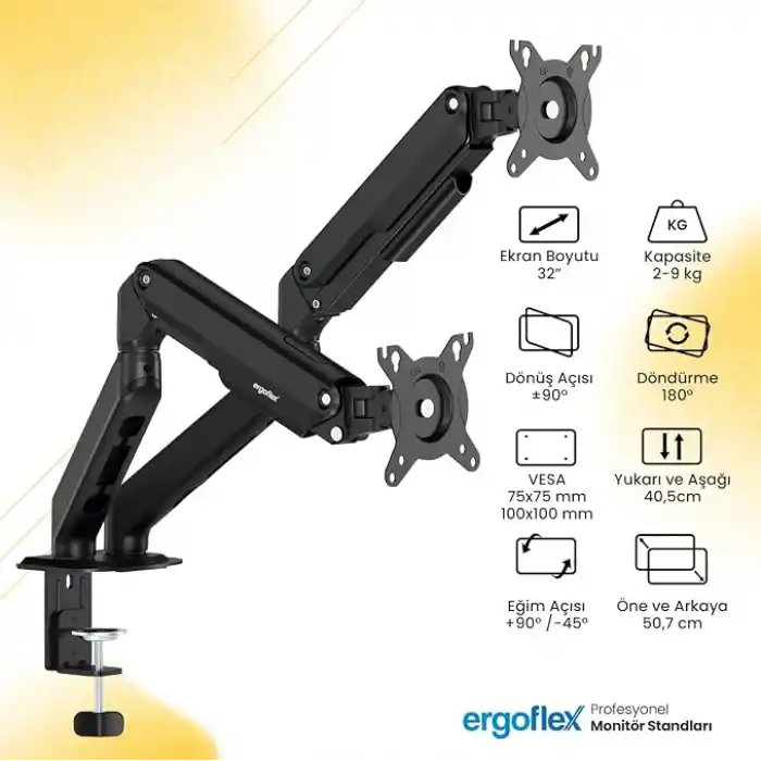 Ergoflex EF X16 Çift Kol 17-32 inch Uyumlu 2-9 kg Amortisörlü Monitör Standı 2026 Versiyon