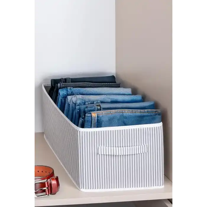 Dolap içi Pantolon Düzenleyici Saklama Kutusu Organizer (Beyaz - Gri Çizgili)