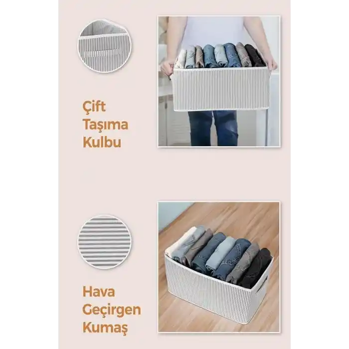 Dolap içi Pantolon Düzenleyici Saklama Kutusu Organizer (Beyaz - Gri Çizgili)