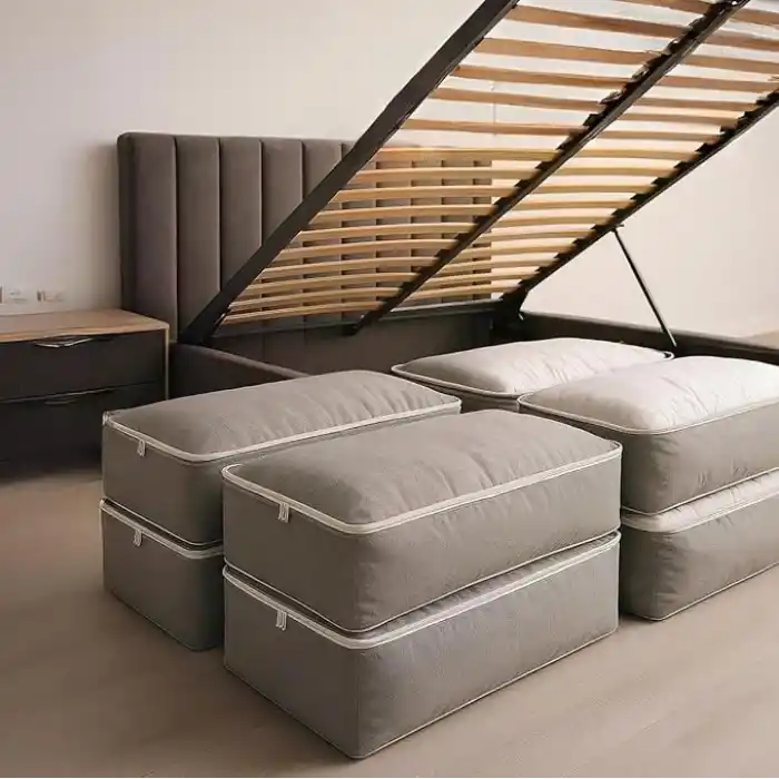 Deconox Büyük Boy Bazaaltı Kalın Kumaş Hurç | Kazak Yastık Çok Amaçlı Yatakaltı Düzenleme Hurcu Gri (64cmx45cmx20cm) 4 lü 6 lı ve Şeffaf Pencereli Seçenekli (6 LI PAKET)