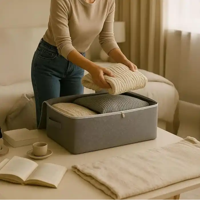 Deconox Büyük Boy Bazaaltı Kalın Kumaş Hurç | Kazak Yastık Çok Amaçlı Yatakaltı Düzenleme Hurcu Gri (64cmx45cmx20cm) 4 lü 6 lı ve Şeffaf Pencereli Seçenekli (6 LI PAKET)