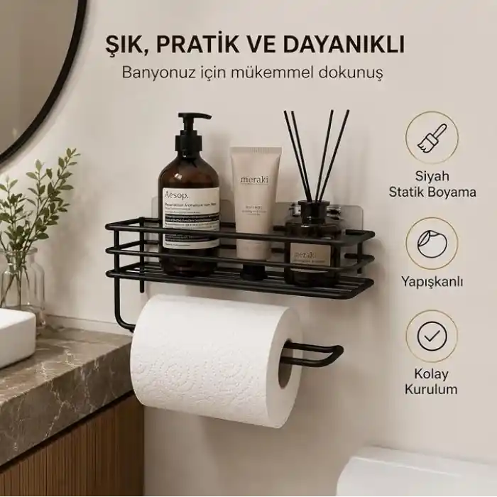 Alper Banyo Yapışkanlı Siyah Raflı Solo Havlu Askısı, Delmeden Montaj Banyo ve Mutfak Duvar Tipi Havluluk Organizer