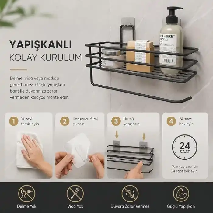 Alper Banyo Yapışkanlı Siyah Raflı Solo Havlu Askısı, Delmeden Montaj Banyo ve Mutfak Duvar Tipi Havluluk Organizer