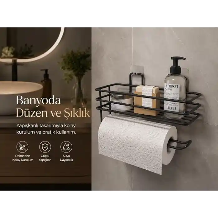 Alper Banyo Yapışkanlı Siyah Raflı Solo Havlu Askısı, Delmeden Montaj Banyo ve Mutfak Duvar Tipi Havluluk Organizer