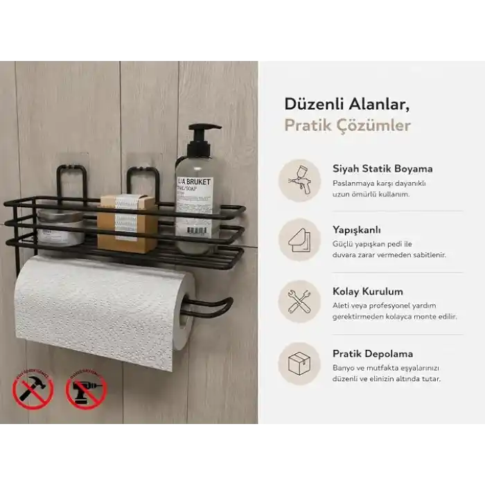 Alper Banyo Yapışkanlı Siyah Raflı Solo Havlu Askısı, Delmeden Montaj Banyo ve Mutfak Duvar Tipi Havluluk Organizer