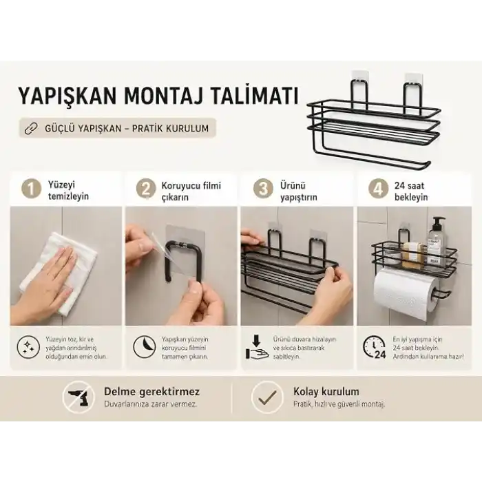 Alper Banyo Yapışkanlı Siyah Raflı Solo Havlu Askısı, Delmeden Montaj Banyo ve Mutfak Duvar Tipi Havluluk Organizer