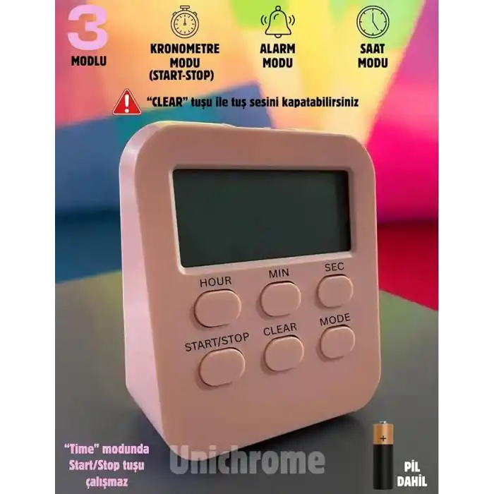 Öğrenci Ders Çalışma Saati Kronometreli Araç Saati Mutfak Bozdolabı Magnet Saat Zamanlayıcı Pembe