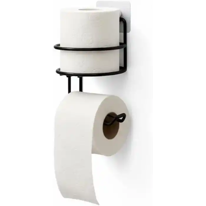 Orret Home Yapışkanlı Tuvalet Kağıtlığı – Mat Siyah Metal Tuvalet Kağıt Tutacağı ve Yedek Standı, Delmeden Montaj, Suya Dayanıklı Banyo Organizeri (Yuvarlak)