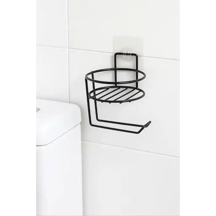 Orret Home Yapışkanlı Tuvalet Kağıtlığı – Mat Siyah Metal Tuvalet Kağıt Tutacağı ve Yedek Standı, Delmeden Montaj, Suya Dayanıklı Banyo Organizeri (Yuvarlak)