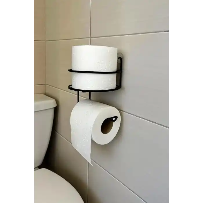 Orret Home Yapışkanlı Tuvalet Kağıtlığı – Mat Siyah Metal Tuvalet Kağıt Tutacağı ve Yedek Standı, Delmeden Montaj, Suya Dayanıklı Banyo Organizeri (Yuvarlak)