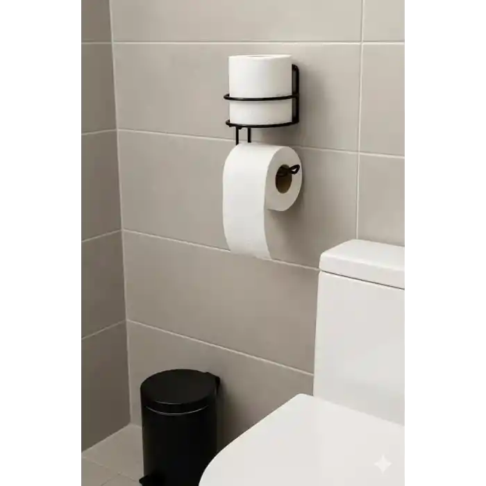 Orret Home Yapışkanlı Tuvalet Kağıtlığı – Mat Siyah Metal Tuvalet Kağıt Tutacağı ve Yedek Standı, Delmeden Montaj, Suya Dayanıklı Banyo Organizeri (Yuvarlak)