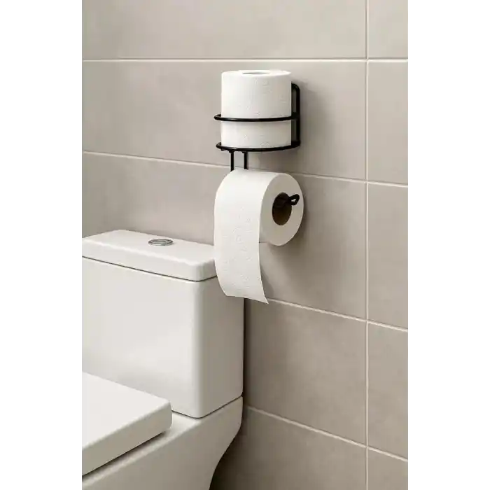 Orret Home Yapışkanlı Tuvalet Kağıtlığı – Mat Siyah Metal Tuvalet Kağıt Tutacağı ve Yedek Standı, Delmeden Montaj, Suya Dayanıklı Banyo Organizeri (Yuvarlak)
