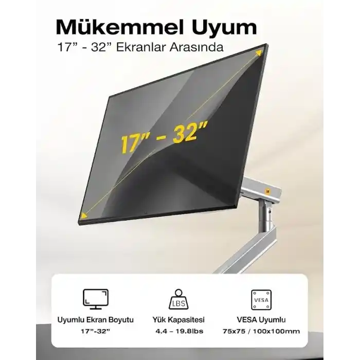 NB ERGONOMIC North Bayou A5-XS 17-32 Tek kol 2-9 KG Vesa Uyumlu Monitör Standı Gri