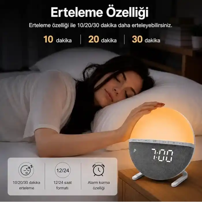 Adornist Gün Doğumu Simülasyonlu Alarmlı Saat – Uyandırma Lambası ve Gece Lambası, 10 Işık Seviyesi, Tek Sesli Alarm, Tek Tuşla Erteleme, 12/24 Saat, Kablolu, Yatak ve Çocuk Odası