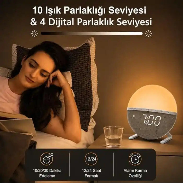 Adornist Gün Doğumu Simülasyonlu Alarmlı Saat – Uyandırma Lambası ve Gece Lambası, 10 Işık Seviyesi, Tek Sesli Alarm, Tek Tuşla Erteleme, 12/24 Saat, Kablolu, Yatak ve Çocuk Odası