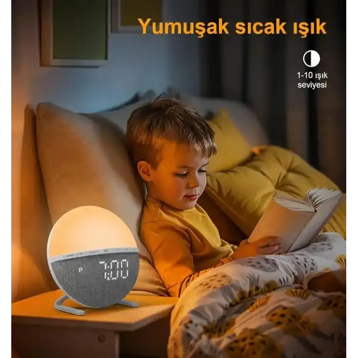 Adornist Gün Doğumu Simülasyonlu Alarmlı Saat – Uyandırma Lambası ve Gece Lambası, 10 Işık Seviyesi, Tek Sesli Alarm, Tek Tuşla Erteleme, 12/24 Saat, Kablolu, Yatak ve Çocuk Odası