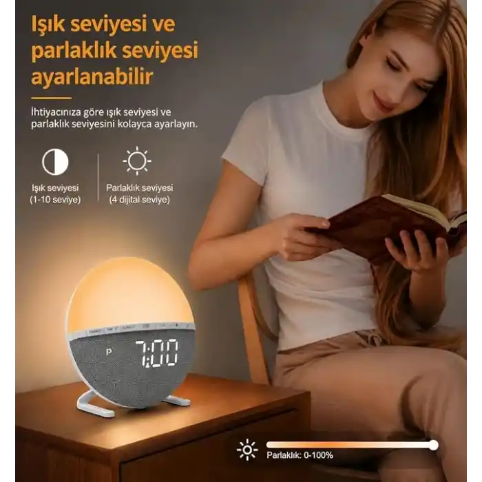 Adornist Gün Doğumu Simülasyonlu Alarmlı Saat – Uyandırma Lambası ve Gece Lambası, 10 Işık Seviyesi, Tek Sesli Alarm, Tek Tuşla Erteleme, 12/24 Saat, Kablolu, Yatak ve Çocuk Odası