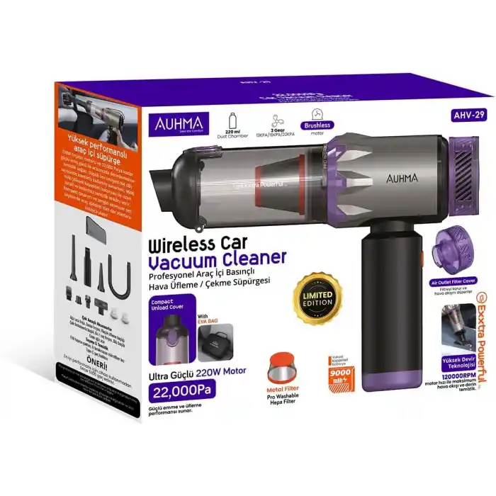 AHV-29 Kablosuz Araç Süpürgesi 220W 22000Pa Güçlü Vakum & Üfleme Özellikli Şarjlı Oto Süpürge
