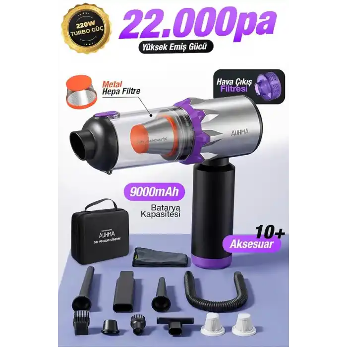 AHV-29 Kablosuz Araç Süpürgesi 220W 22000Pa Güçlü Vakum & Üfleme Özellikli Şarjlı Oto Süpürge