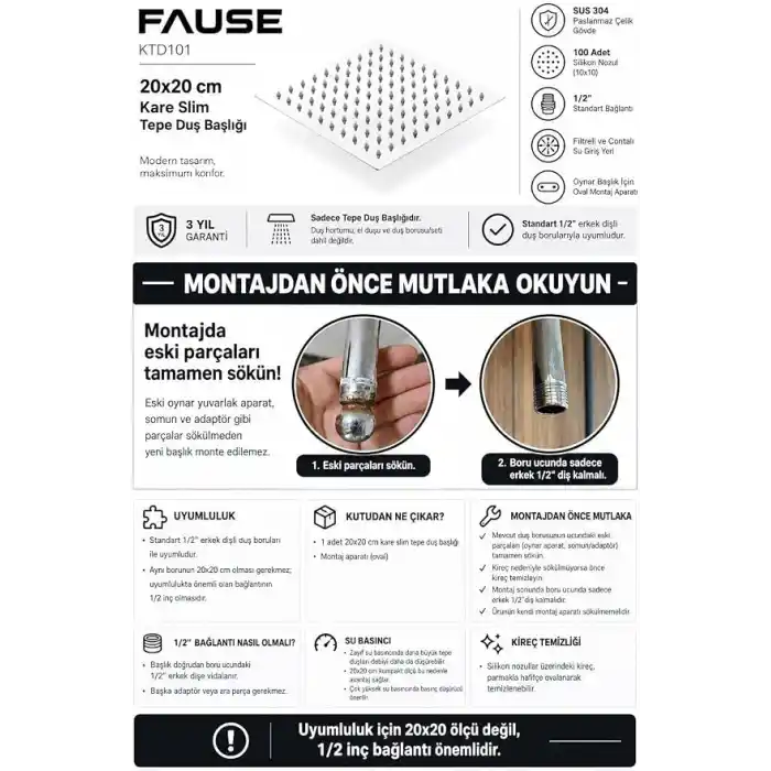 Fause Tepe Duş Başlığı Kare Slim 304 Metal 20x20 cm KTD101