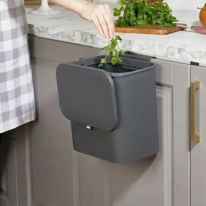 Orret Home Dolap Kapağına Asılabilir 15 Litre Çöp Kovası, Duvara Yapıştırılabilir Çift Tarafa Açılabilir Mutfak Çöp Kutusu, Banyo Çöp Kovası, Kapaklı Asma Çöp Kovası Organizer (Gri)