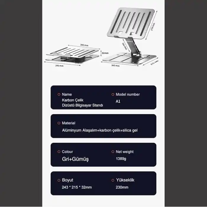 McStorey Katlanabilir Ayarlanabilir Alüminyum Laptop Standı, Taşınabilir Ergonomik Notebook Yükseltici, 6 Kademeli Yükseklik Ayarlı, MacBook Tablet Uyumlu, 10-17 İnç, Siyah