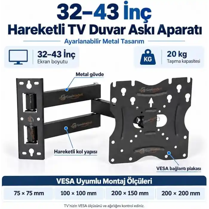 32–43 İnç Hareketli TV Duvar Askı Aparatı – Ayarlanabilir Metal, VESA 75x75 / 100x100 / 200x150 / 200x200 mm, 20 kg Taşıma Kapasitesi (50-CM)