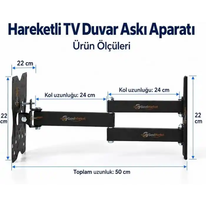 32–43 İnç Hareketli TV Duvar Askı Aparatı – Ayarlanabilir Metal, VESA 75x75 / 100x100 / 200x150 / 200x200 mm, 20 kg Taşıma Kapasitesi (50-CM)