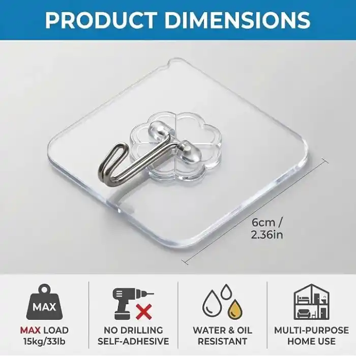 WOVU Askı, kendinden yapışkanlı havlu askısı, 15 kg (maks.), şeffaf, yapışkan kanca, delmeden su geçirmez, yağ geçirmez, mutfak kancası, banyo, mutfak, banyo için kanca (10 adet)