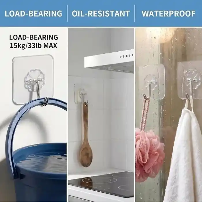 WOVU Askı, kendinden yapışkanlı havlu askısı, 15 kg (maks.), şeffaf, yapışkan kanca, delmeden su geçirmez, yağ geçirmez, mutfak kancası, banyo, mutfak, banyo için kanca (10 adet)