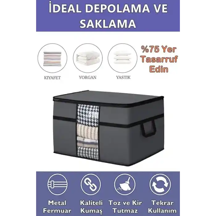 6 Adet Pencereli Yastık Saklama Hurcu - Mega Boy Yorgan Hurç Organizer Düzenleyici - 75 X 40 X 40 Cm (Antrasit)