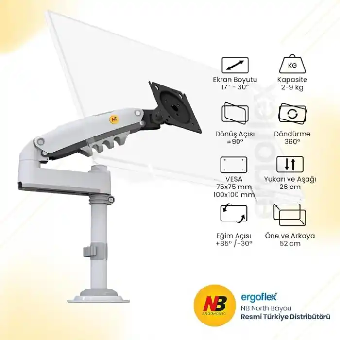 North Bayou NB H100 Ergonomic 17-32 Amortisörlü 2-9 kg Monitör Standı (BEYAZ)