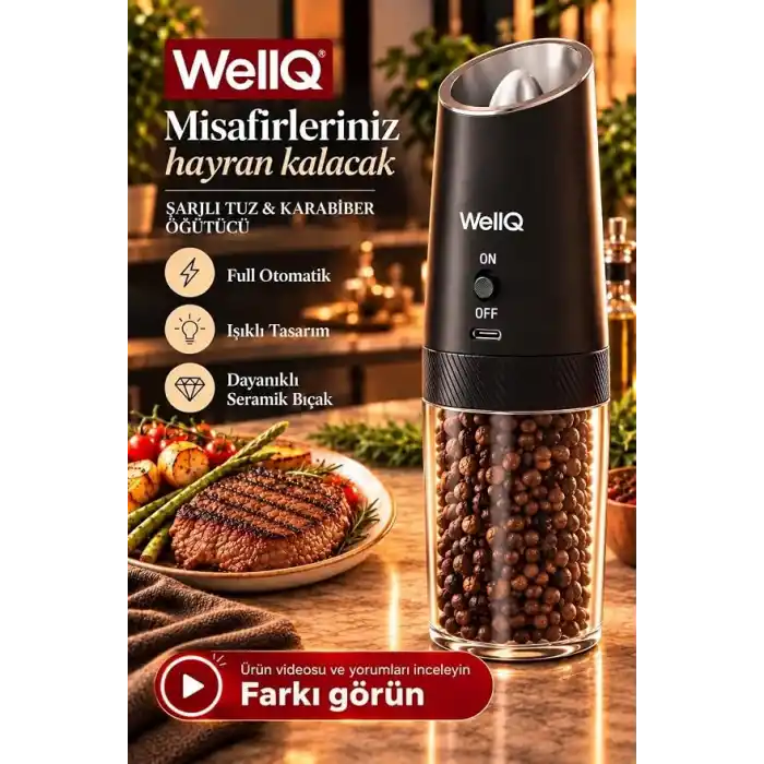Şarjlı Işıklı Full Otomatik Yeni Nesil Tuz Karabiber Değirmeni Baharat Öğütücü