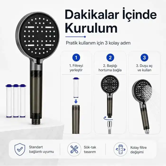 SOGUD Duş Başlığı Seti Antrasit Gri - Filtreli Arıtmalı El Duşu - 6 Fonksiyonlu Yüksek Basınçlı Model - 3 Yedek Filtre Kartuşlu Kireç Önleyici Su Tasarruflu [Enerji Sınıfı A++]
