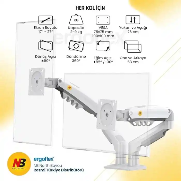 North Bayou NB F160 Ergonomic Çift Kol 2-9 kg Kapasiteli Yeni Nesil Profosyonel Monitör Standı (Beyaz)
