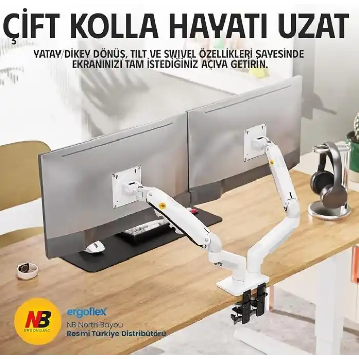 North Bayou NB F160 Ergonomic Çift Kol 2-9 kg Kapasiteli Yeni Nesil Profosyonel Monitör Standı (Beyaz)